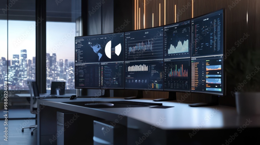 Poster modern data analytics dashboard in dark office environment