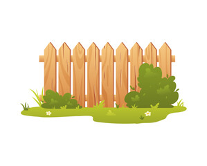 A wooden fence of brown color in Vector illustration, among green grass and bushes.