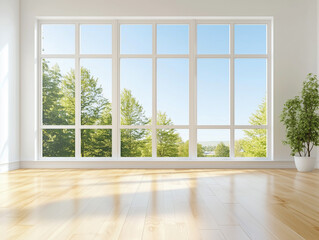 Fototapeta premium Modern, furnished and sunny living room with big windows and potted flowers
