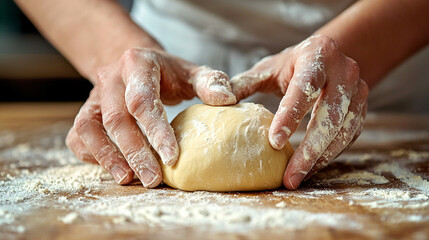 Kneading Dough. Baker kneading dough with floury hands on a wooden surface