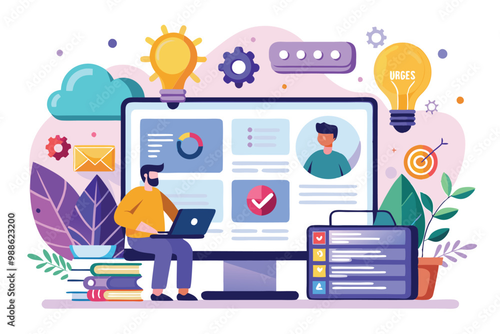 Poster a developer works on app solutions while surrounded by plants and creative designs, best solutions f