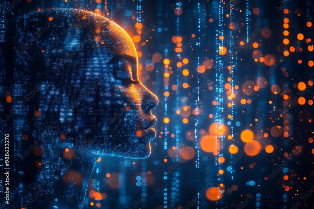 Poster digital human profile in abstract streams of data, artificial intelligence concept. 3d rendering.