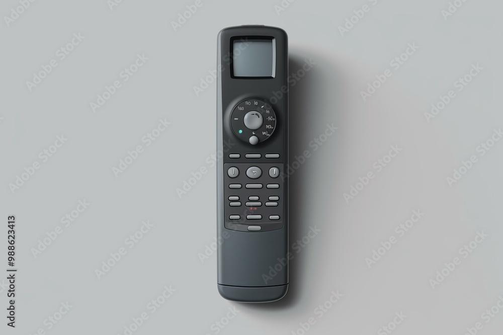 Poster black plastic remote control lying on a white background with buttons and a small screen, depicting 