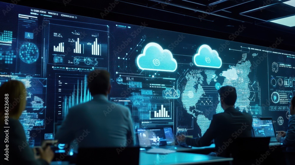 Poster futuristic business analytics dashboard with cloud computing visualization