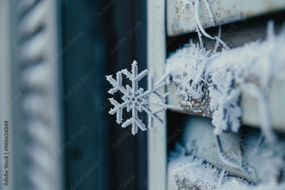Poster delicate snowflake is clinging to a metal surface, showcasing the intricate details of its frozen st