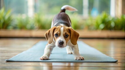 Fluffy ball of joy contorts into downward dog, rear legs stretching out like little pink stumps, tail aloft