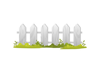 Wooden fence with grass vector flat illustration, cartoon garden white timber barrier, backyard border from lumber board