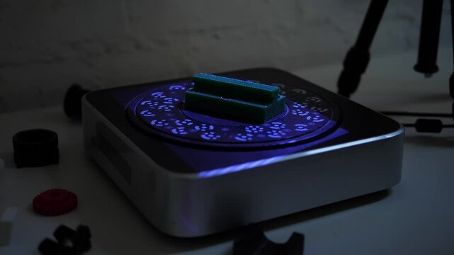 Close-up of a working modern 3D scanner reading data from a plastic object. Ultraviolet light when scanning the model. A 3D scanner scans a plastic model in a modern laboratory.
