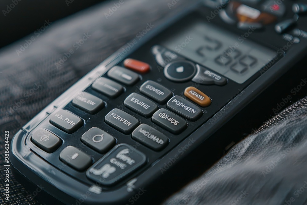 Poster remote control is lying on grey fabric with its buttons and screen displaying 28 degrees