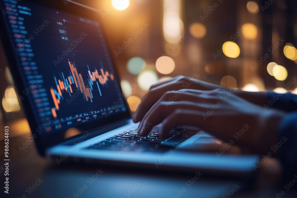 Poster a person analyzing financial data on a laptop with colorful graphs at night in an urban setting