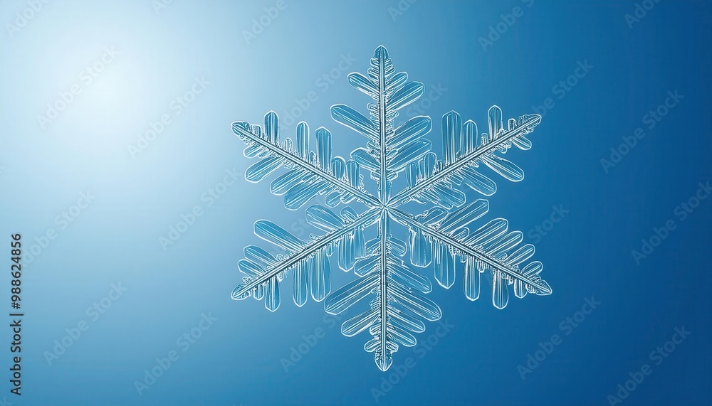 Poster Macro Photograph of a Detailed Hexagonal Snowflake with Intricate Branching Patterns Against a Soft Blue Winter Sky Background, Capturing the Fragility and Uniqueness of Natural Ice Crystals