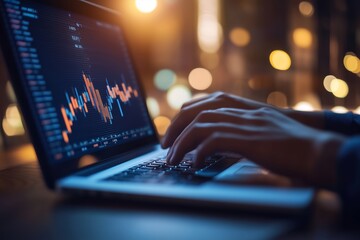 A person analyzing financial data on a laptop with colorful graphs at night in an urban setting