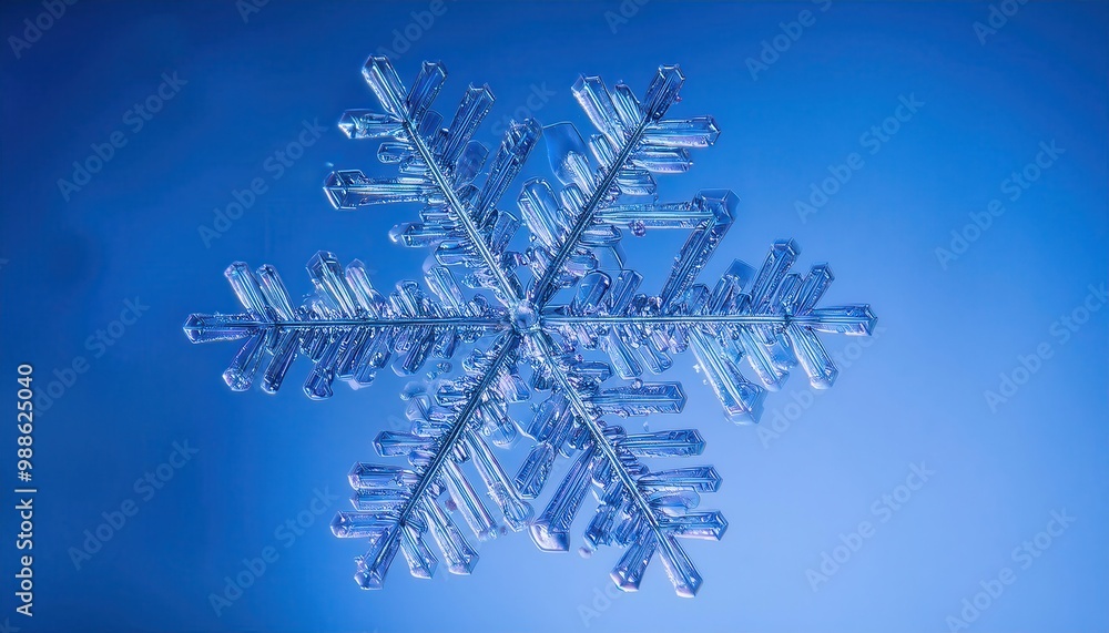 Poster Macro Photograph of a Detailed Hexagonal Snowflake with Intricate Branching Patterns Against a Soft Blue Winter Sky Background, Capturing the Fragility and Uniqueness of Natural Ice Crystals