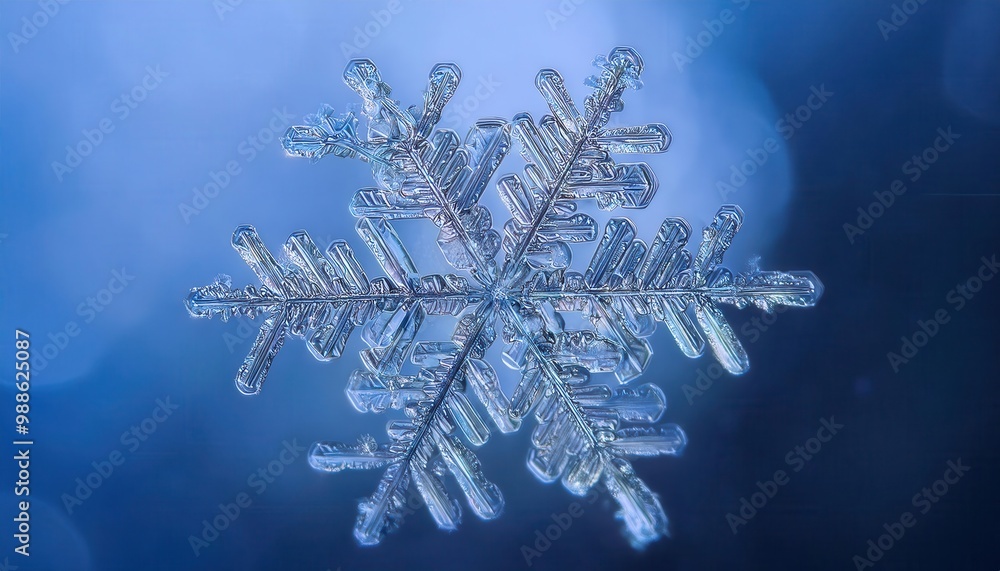 Poster Macro Photograph of a Detailed Hexagonal Snowflake with Intricate Branching Patterns Against a Soft Blue Winter Sky Background, Capturing the Fragility and Uniqueness of Natural Ice Crystals