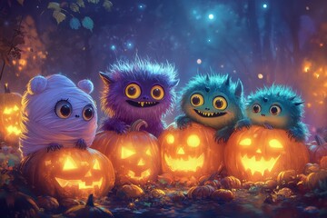 Illustration of Friendly Halloween Monsters in a Glowing Pumpkin Patch.