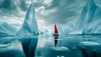 A small sailboat navigating through icy waters with towering icebergs surrounding it under a cloudy sky.