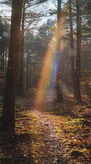 Obraz premium Light aberration, serene forest scene with vibrant rainbow shining through trees, casting colorful light on the forest floor. The peaceful atmosphere and natural beauty symbolize hope and tranquility.