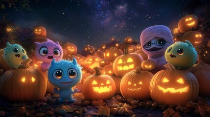 Naklejka premium Illustration of Friendly Halloween Monsters in a Glowing Pumpkin Patch.