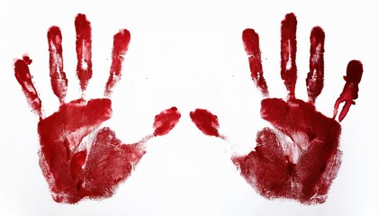 Red Handprints on White Background with Distinct Finger Details, Symbolizing Raw Expression, Violence, or Artistic Gesture in Blood Like Halloween Paint, Capturing Emotion and Mystery in Abstract Form