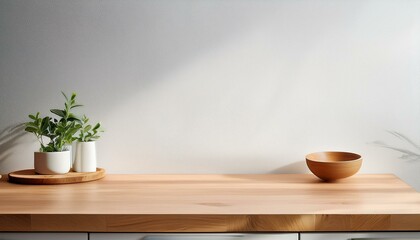 Kitchen wooden countertop on white wall background