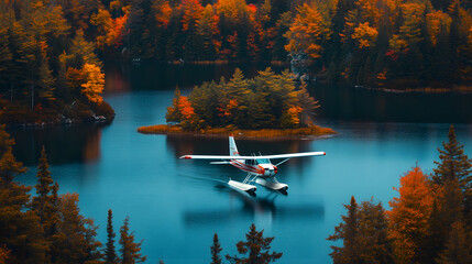A small seaplane making a gentle landing on a peaceful lake surrounded by autumn foliage with a quaint island in the center.