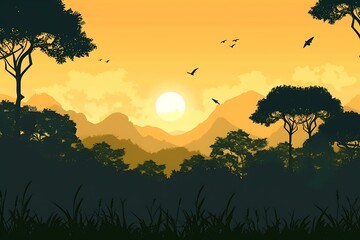 Sunset Silhouette Landscape with Birds Flying Over Mountains