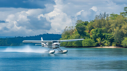 A small seaplane performing a water landing on the serene bay of an island nature reserve with exotic wildlife.