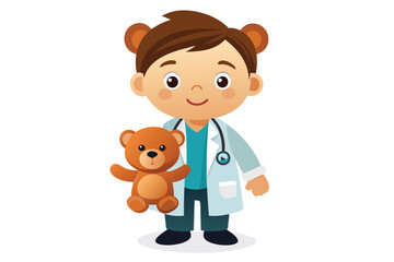 Fototapeta premium A young boy dressed as a doctor happily holds a teddy bear, ready for imaginative play, boy doctor with teddy bear on white background