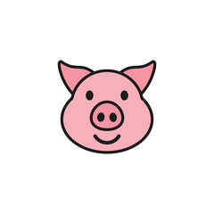 Smiling cheerful cute pink pig. Color vector on white background.