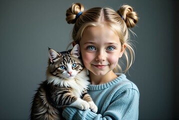 A small little girl is gently holding a fluffy cat in her arms