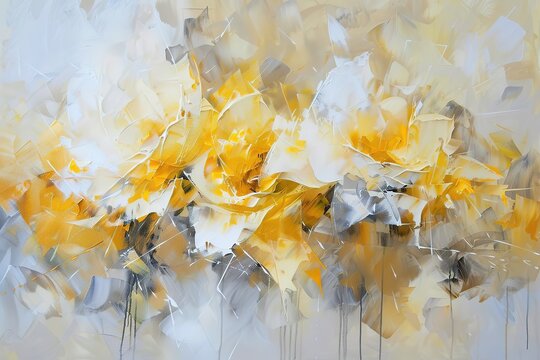 Modern abstract art. illustration. Flowers, branches, golden elements, textures, oil on canvas. grey, print, wallpaper, poster, card, mural, wall art