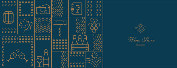 Wine pattern with  wine glasses, wine bottles, cheese, corkscrew, cork and abstract design elements in simple geometric style. Good for branding, decoration of wine package, cover design, menu.