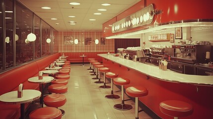 Retro cafe with red stools, checkered floor, neon lights, and vintage decor, evoking nostalgia and classic diner vibes.