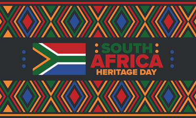 South Africa Heritage Day. Happy holiday. Celebrate culture and traditions of nation. South African flag. Poster with illustration. Pattern design. Vector