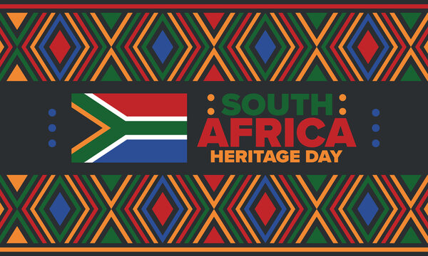 South Africa Heritage Day. Happy holiday. Celebrate culture and traditions of nation. South African flag. Poster with illustration. Pattern design. Vector
