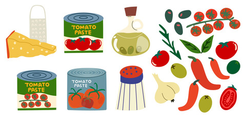 Tomato pasta for pizza and spaghetti, a set of ingredients parmesan cheese, basil, arugula, tomatoes, salami, chili, olives, rosemary, olive oil, garlic. Products for cooking pizza and pasta