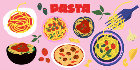 National Noodle and pasta day. Modern vector flat Italian noodles and macaroni retro poster on pink background. Bolognese pasta, pasta with meatballs, with cherry and basil