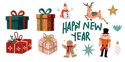 Merry Christmas and Happy New Year vector flat elements in retro style. Winter holiday. Traditional Christmas tree decorations, gift box and toys. Attributes of the New Year holiday