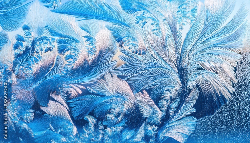 Poster delicate frost patterns on a windowpane capturing the tranquil beauty of winter mornings, with soft 