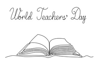 World Teachers Day.open book. continuous one line art hand drawing sketch, logo