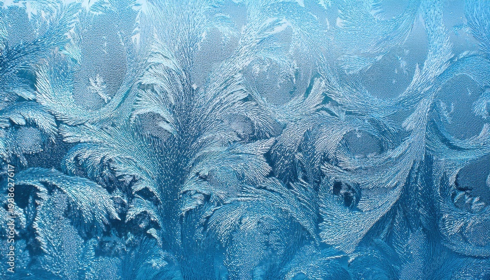 Poster delicate frost patterns on a windowpane capturing the tranquil beauty of winter mornings, with soft 