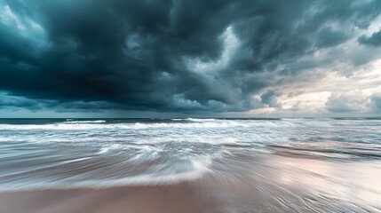 A storm approaching a vast beach with dark clouds looming over the ocean waves growing in intensity.