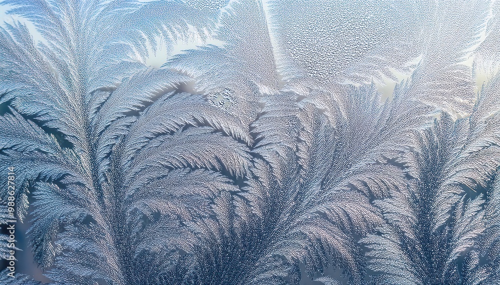 Poster Delicate Frost Patterns on a Windowpane Capturing the Tranquil Beauty of Winter Mornings, with Soft Blue and Pink Hues Reflecting Sunrise Through Intricate, Ice Covered Designs