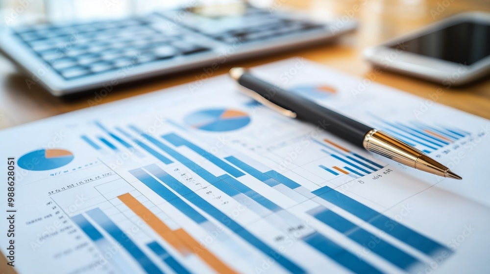 Poster detailed financial analysis with charts and graphs on a workspace featuring a calculator and smartph