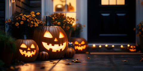 Obraz premium Lit Halloween pumpkins on front porch, exterior home decorations, seasonal decor