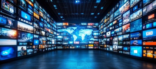 Global Network Television Screens in a Dark Room Displaying Diverse Images and Videos.