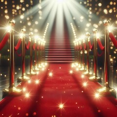 Red carpet on stage illuminated by bright spotlight and lights creating an elegant atmosphere