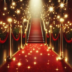 Red carpet on stage illuminated by bright spotlight and lights and stairs creating an elegant atmosphere