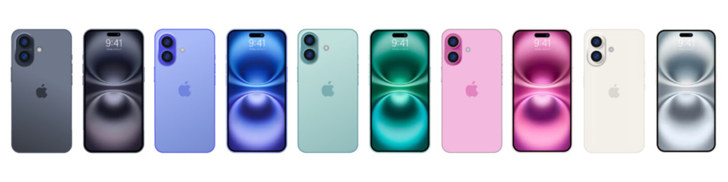 Black, Blue green, pink, white Iphone 16 SE, plus mockup. Editorial