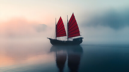 A traditional Chinese junk boat with red sails crossing a foggy bay at dawn.